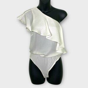 Forever 21 One-Shoulder White Ruffle Bodysuit
